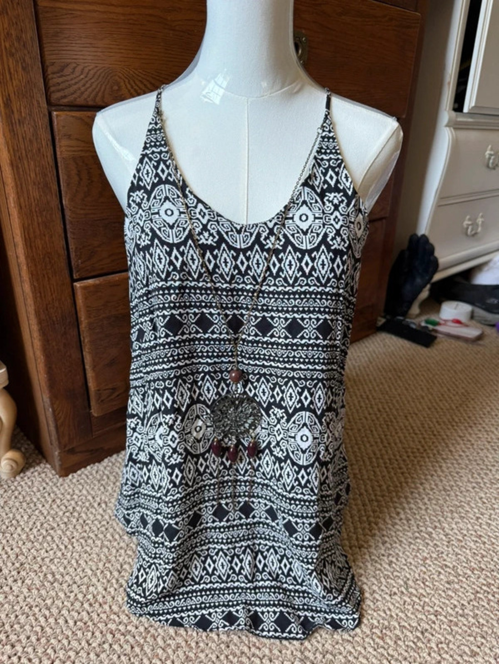BCX black and white boho tank top with dreamcatcher necklace